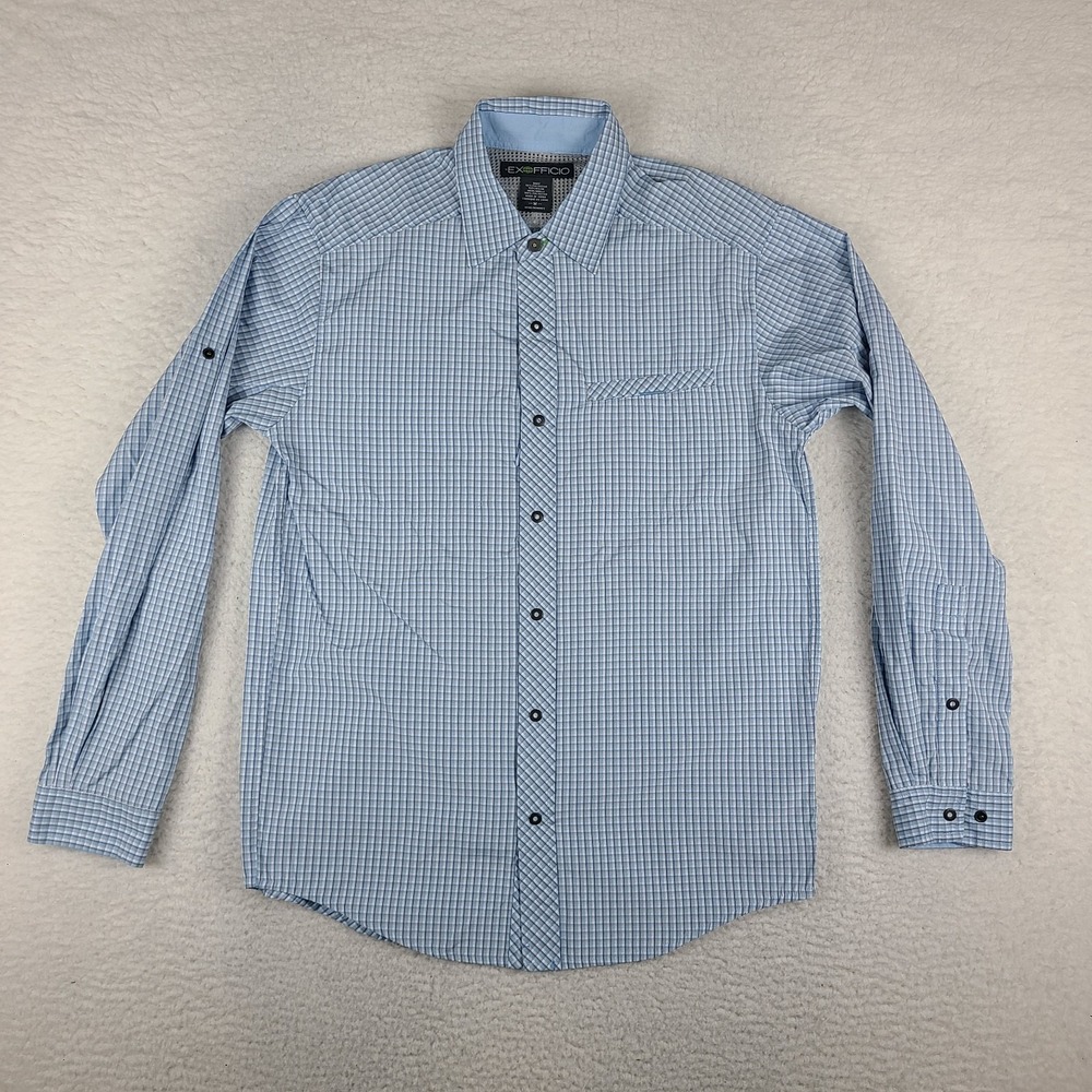 ExOfficio Shirt Mens Medium Blue Plaid Snap Button Up Polyester Nylon